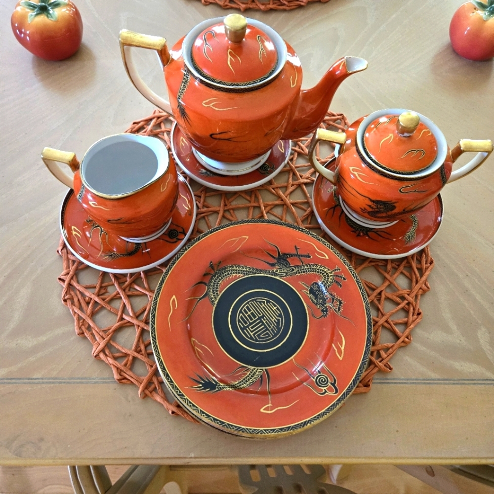 Vintage, Oriental, Dragon Tea Set, Teapot, Sugar Bowl, Creamer, Plates